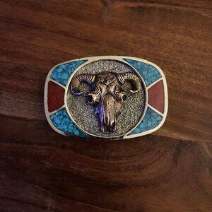 Bull Steer Skull Turquoise Coral Belt Buckle Vintage Western Long Horn Vintage